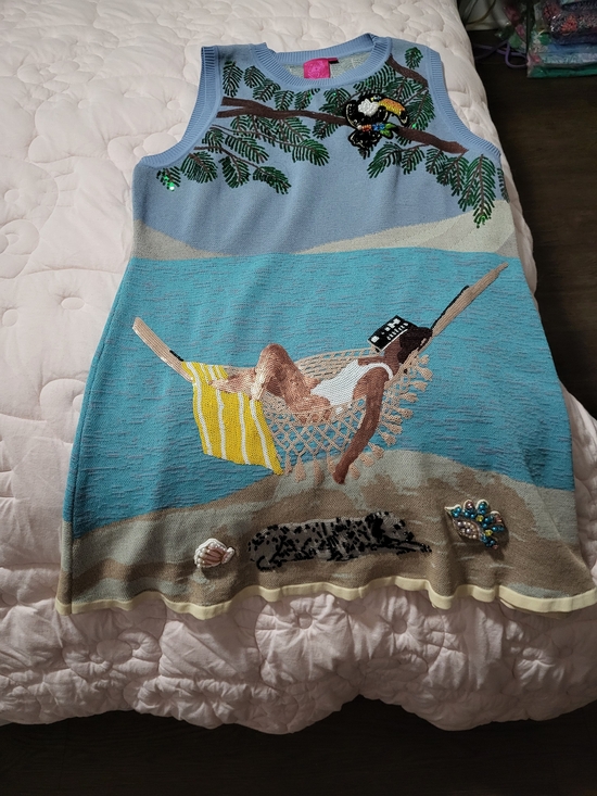 QUEEN OF SPARKLES Dresses & Skirts - Queen Of Sparkles Beach Scene Sleeveless Knit Dress with Sequin Embellishments